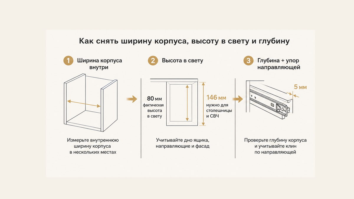 Схема без людей: ширина внутри корпуса, высота в свету 80 против 146 мм, глубина и клин 5 мм на направляющей