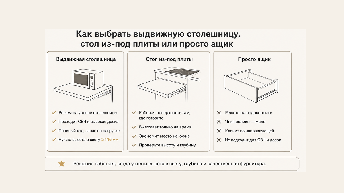 Чеклист без людей: выдвижная столешница, стол из-под плиты или просто ящик; СВЧ на доске и ролики 15 кг зачёркнуты