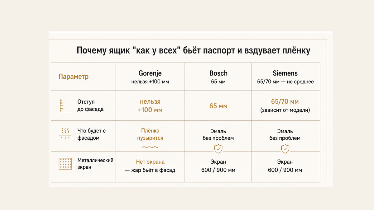 Сравнение без людей: Gorenje нельзя и 100 мм, Bosch 65 мм, Siemens 65 или 70 — не среднее; плёнка пузырится vs эмаль; нет экрана vs 600/900