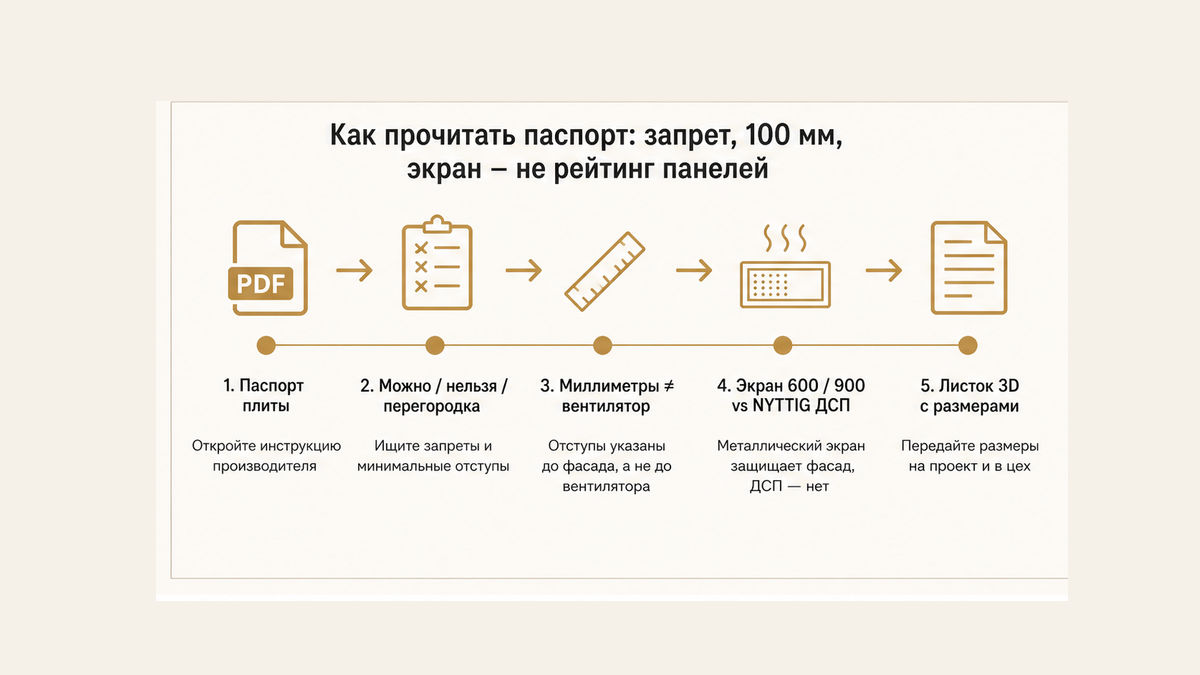 Схема без людей: PDF модели → можно/нельзя/перегородка → мм и вентилятор отдельно → экран 600/900 или ДСП NYTTIG → листок в 3D