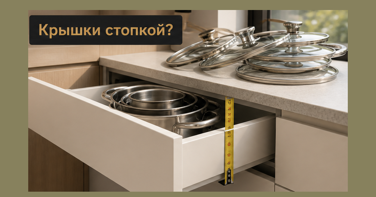 Низкий кремовый ящик кухни: кастрюли матрёшкой, крышки горкой на столешнице, рулетка на фасаде 600 против высоты как у лотка вилок; крючок Крышки стопкой? без лица основателя