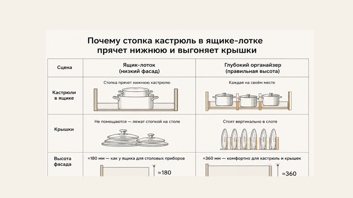 Сравнение без людей: стопка кастрюль прячет нижнюю vs высокий органайзер; крышки горкой на столе vs слот; высота лотка ~180 vs фасад ~360