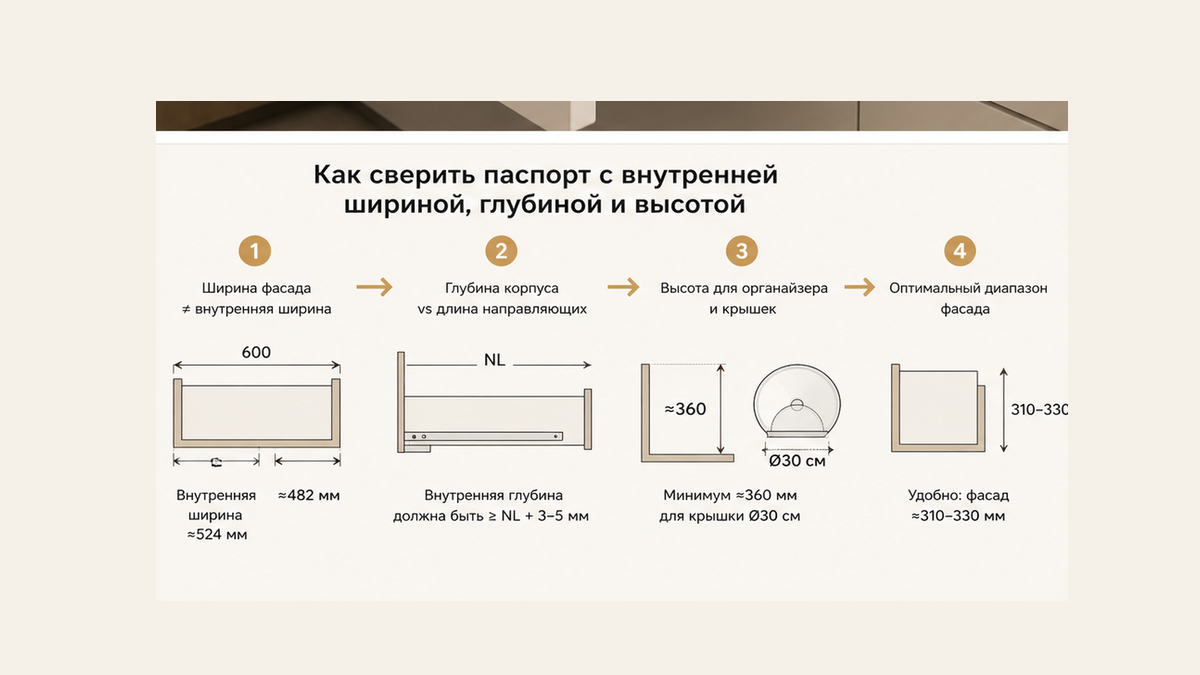 Схема без людей: фасад не равен вкладу 524 или 482, глубина vs NL, высота ~360, крышка 30 см просит 310–330 мм