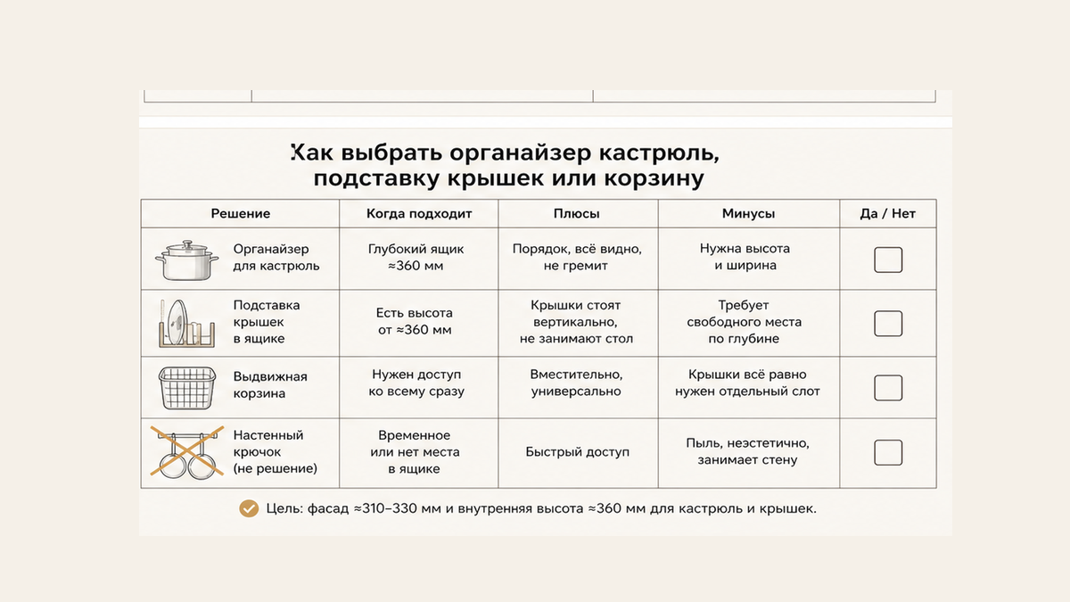 Чеклист без людей: органайзер кастрюль в ящике, подставка крышек, корзина; настенный крючок зачёркнут; не каталог WOODLINE