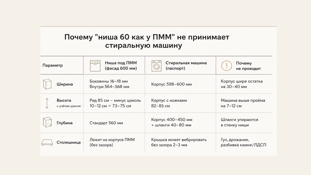 Сравнение: фасад 600 со стойками против открытой ниши, ниша ПММ против паспорта стиралки, цоколь 10–12 см режет ряд 85 до 73–75