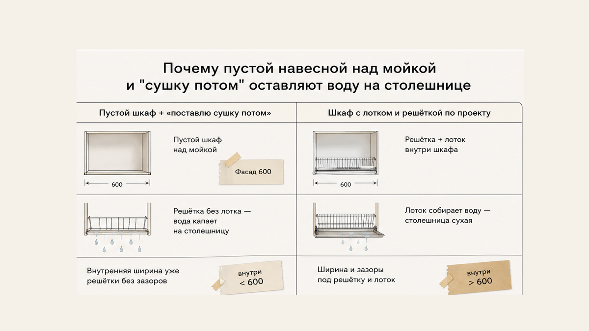 Сравнение без людей: пустой навесной и «сушку потом» против поддона в проекте — вода на столешнице