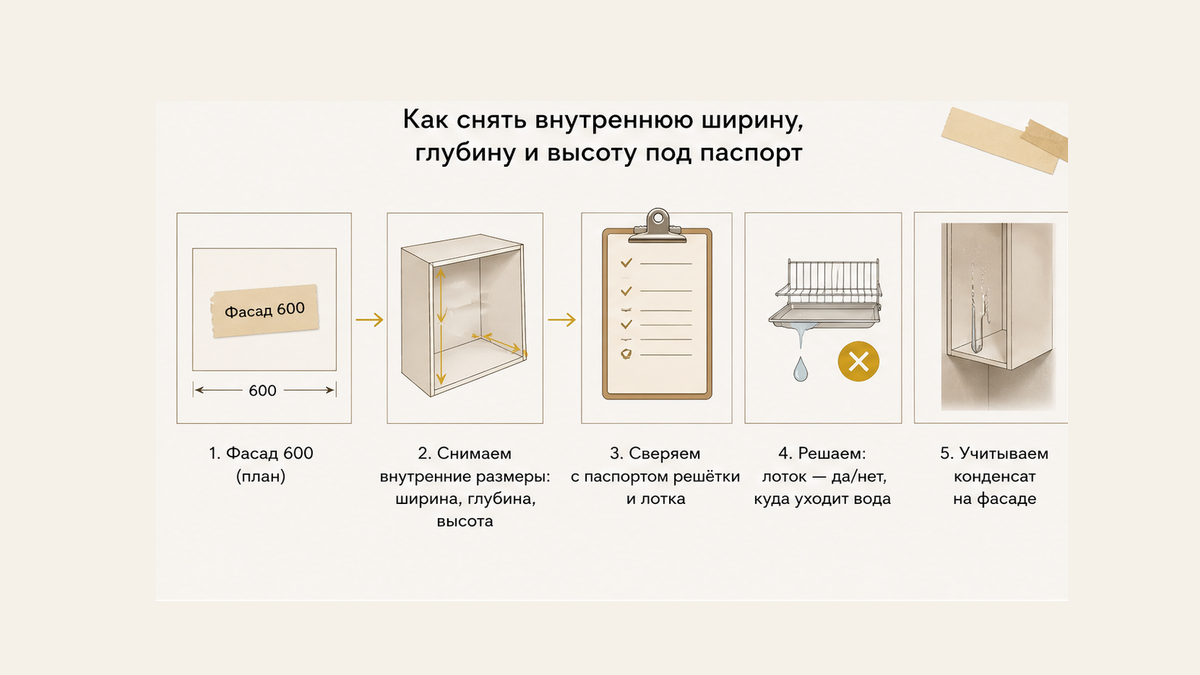 Схема без людей: снять внутреннюю ширину, глубину и высоту под паспорт — фасад 600 не равен просвету