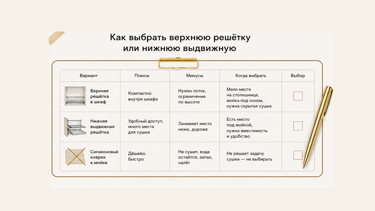 Чеклист без людей: верхняя решётка в навесном, нижняя выдвижная в базе или коврик в мойке — коврик зачёркнут