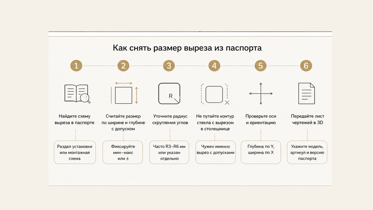 Шесть шагов: схема ниши из паспорта, ширина и глубина, радиус, не обвод стекла, оси, листок в 3D