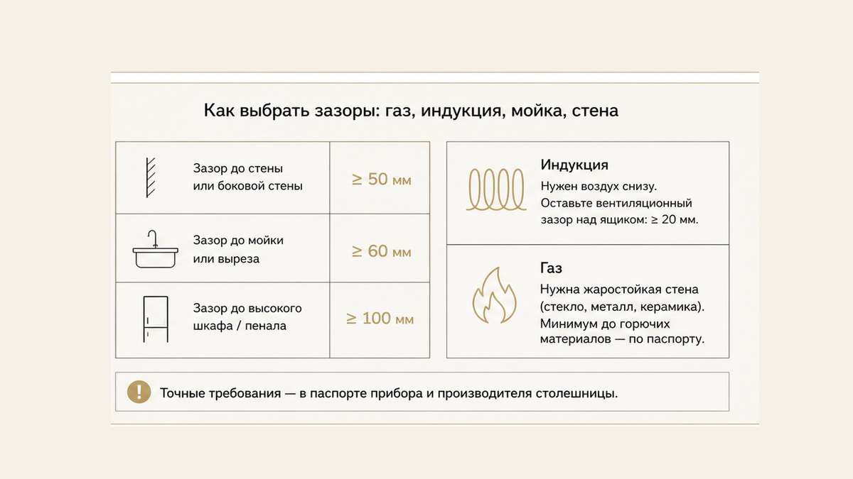 Чеклист трёх зазоров: до стены, мойки и пенала; воздух снизу у индукции, термостойкая стена у газа