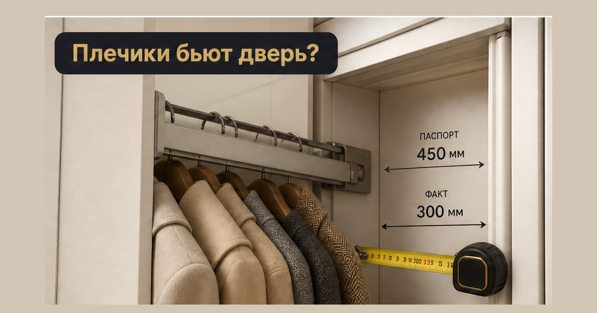 Выдвижная штанга в слишком мелкой секции шкафа, плечики бьют дверь, куртки мнутся, рулетка около 300 мм против паспорта около 450 мм; крючок Плечики бьют дверь? без лица основателя