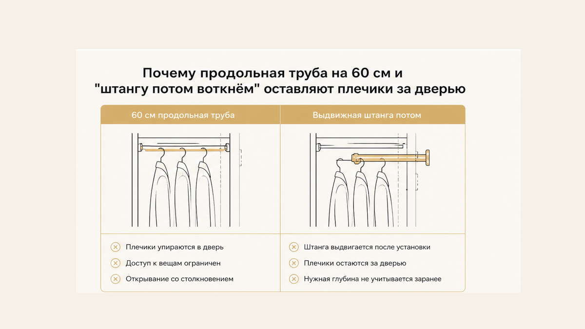 Сравнение без людей: продольная труба на 60 см против «штангу потом» — плечики остаются за дверью