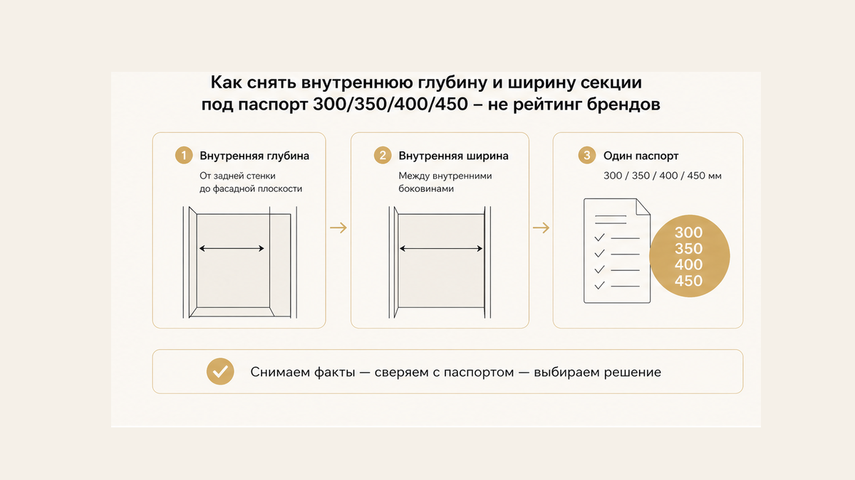 Схема без людей: снять внутреннюю глубину и ширину секции под один паспорт 300/350/400/450 — не рейтинг брендов