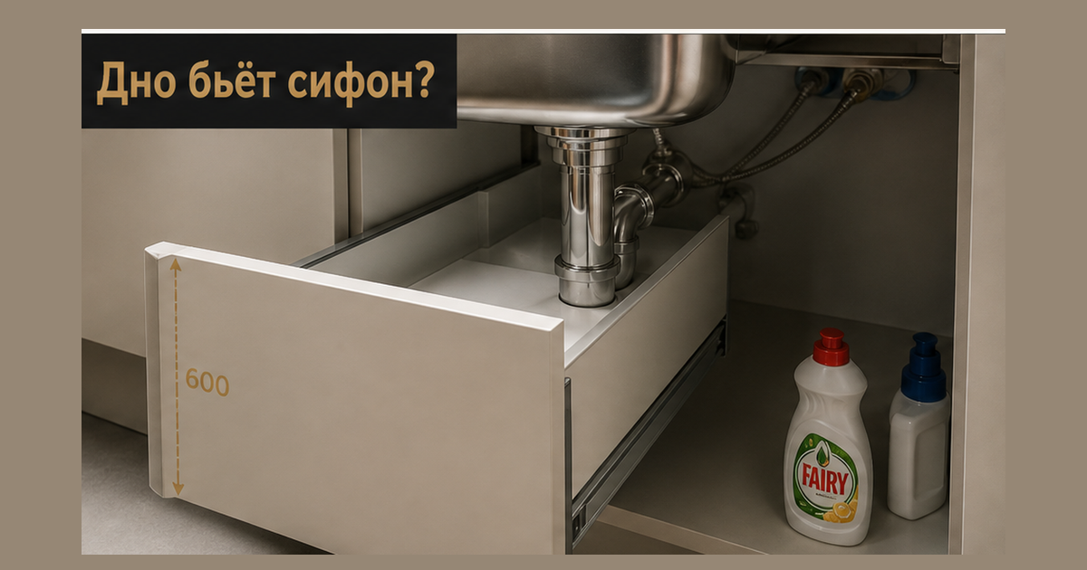База кремовой кухни: обычный ящик с глухим дном клинит о хромированный сифон под чашей и не открывается, бутылки химии на полу, рулетка на фасаде 600 против высоты под чашей; крючок Дно бьёт сифон? без лица основателя