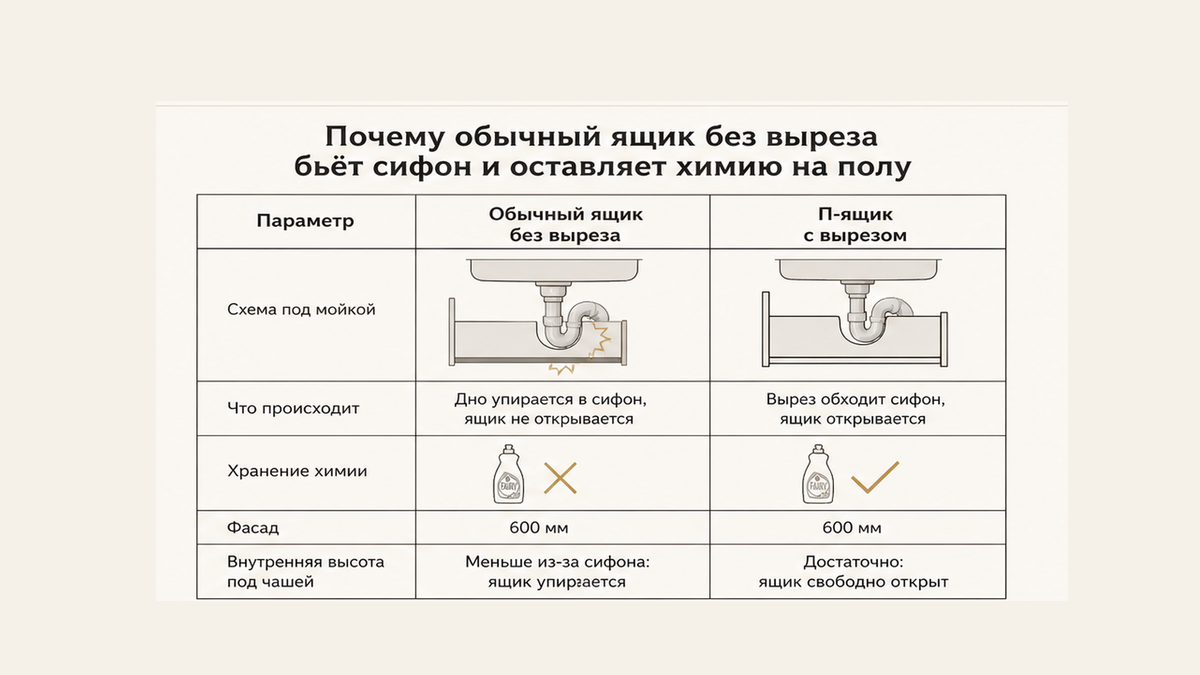 Сравнение без людей: глухое дно бьёт сифон и химия на полу vs П-вырез; фасад 600 vs высота под чашей
