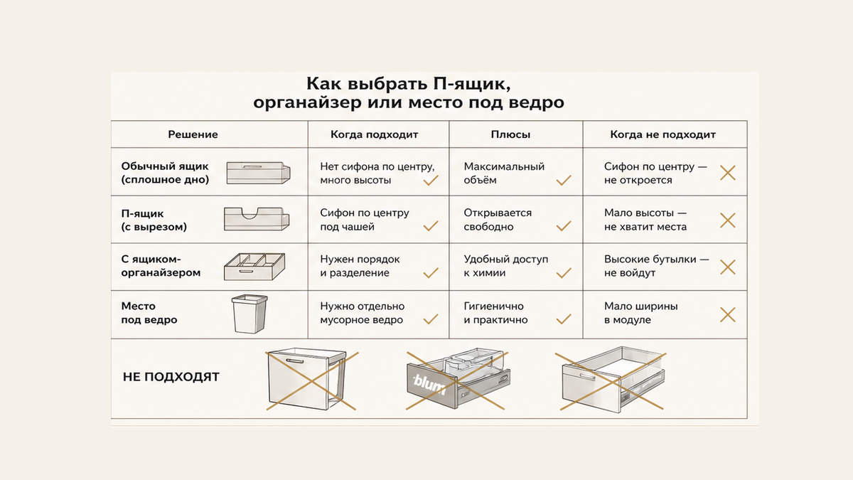 Чеклист без людей: глухое дно, П-вырез, органайзер или ведро отдельно; packshot Blum зачёркнут
