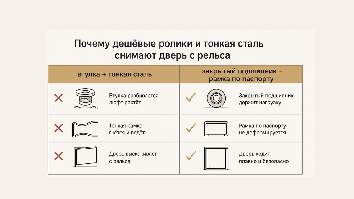 Сравнение: дешёвая втулка и тонкая сталь снимают дверь с рельса против закрытого подшипника и рамки по паспорту