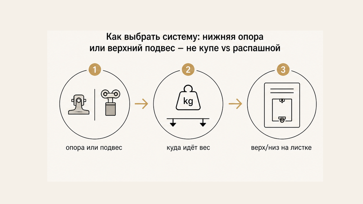 Схема выбора хода двери: нижняя опора или верхний подвес одним словом, не спор купе против распашного