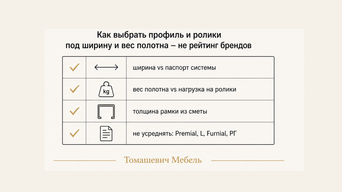 Чеклист: ширина и вес полотна сверить с паспортом своей системы, без усреднения брендов
