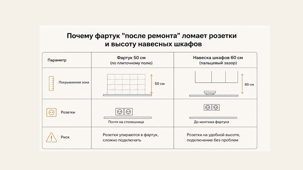 Сравнение: плитка 50 см против навески шкафов 60 см и розетки почти у стола, пока панели фартука ещё нет