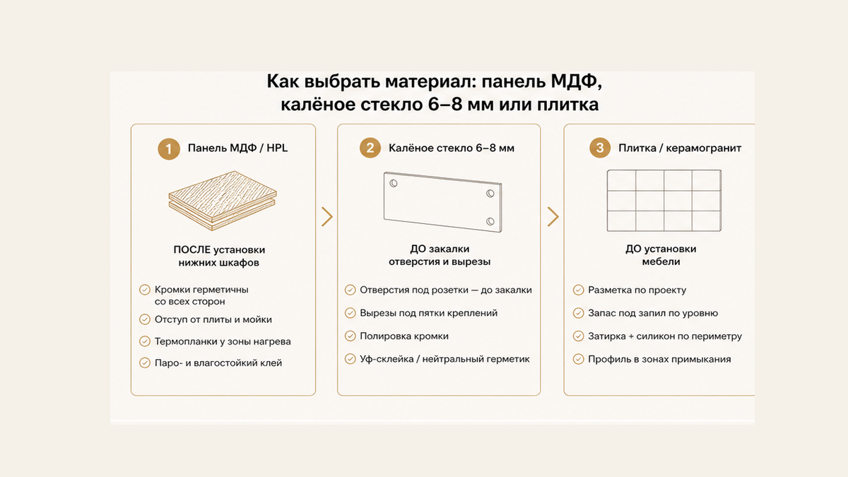 Три сценария фартука: панель МДФ после нижнего ряда, калёное стекло 6–8 мм с отверстиями до закалки, плитка до гарнитура