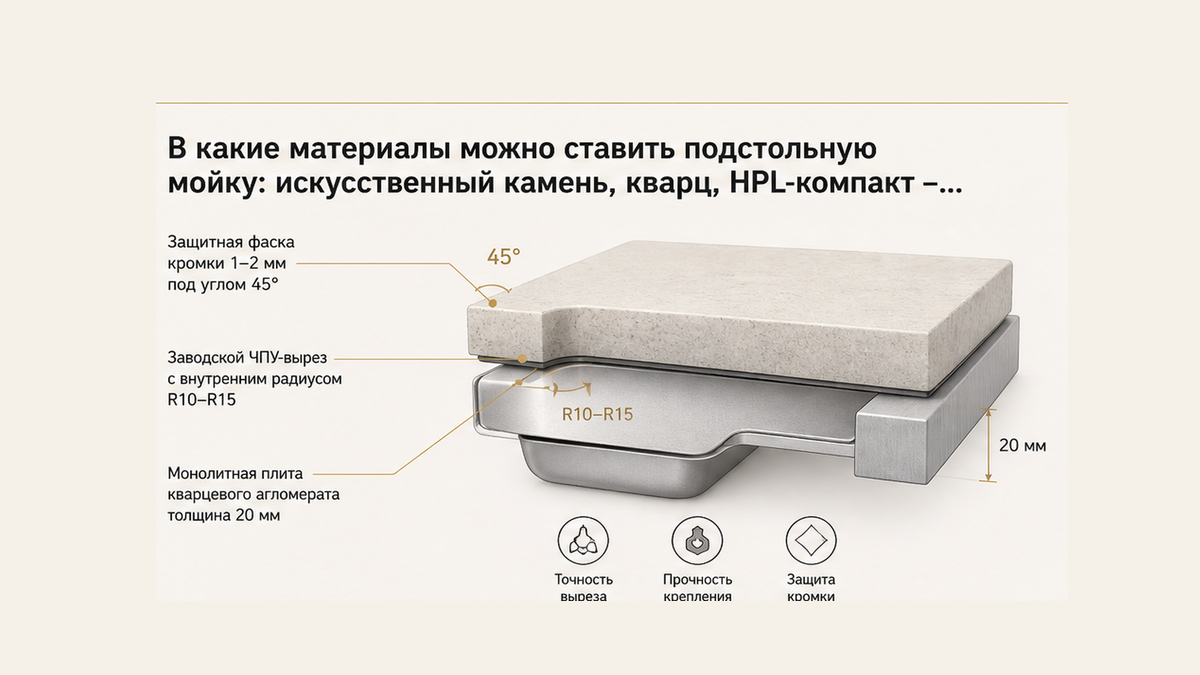 Схема слоев кварцевой столешницы с ЧПУ-вырезом, радиусом R10–R15 и фаской кромки 1–2 мм под 45°