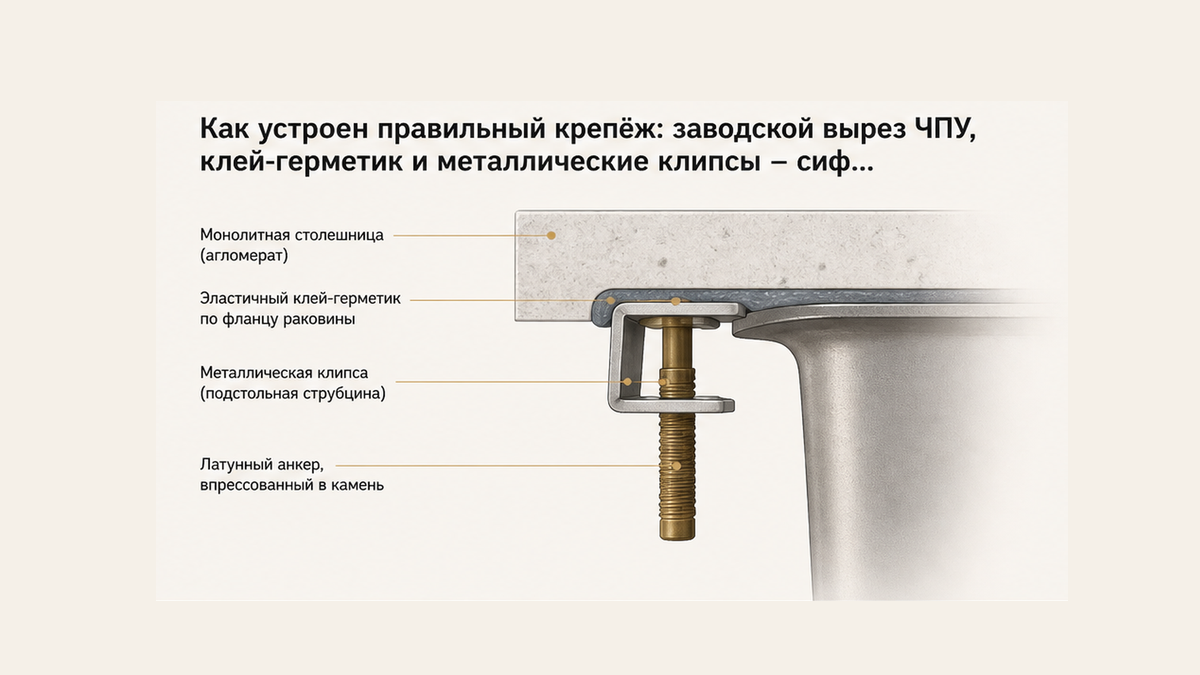 Узел подстольного крепежа снизу: металлические подстольные струбцины-клипсы в латунных анкерах и эластичный клей-герметик