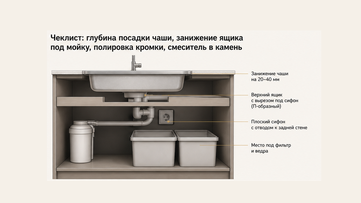 Внутреннее пространство базы тумбы: заниженная чаша мойки, верхний П-образный ящик с вырезом под сифон и плоский сифон с отводом к стене