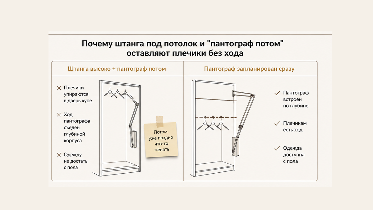 Сравнение без людей: штанга под потолок и «пантограф потом» против лифта в проекте — плечики без хода