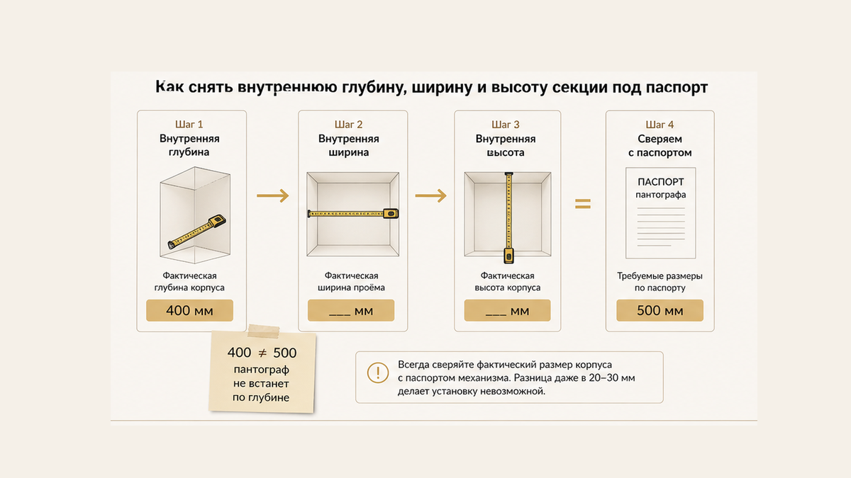 Схема без людей: снять внутреннюю глубину, ширину и высоту секции под паспорт — не среднее 475/500/550