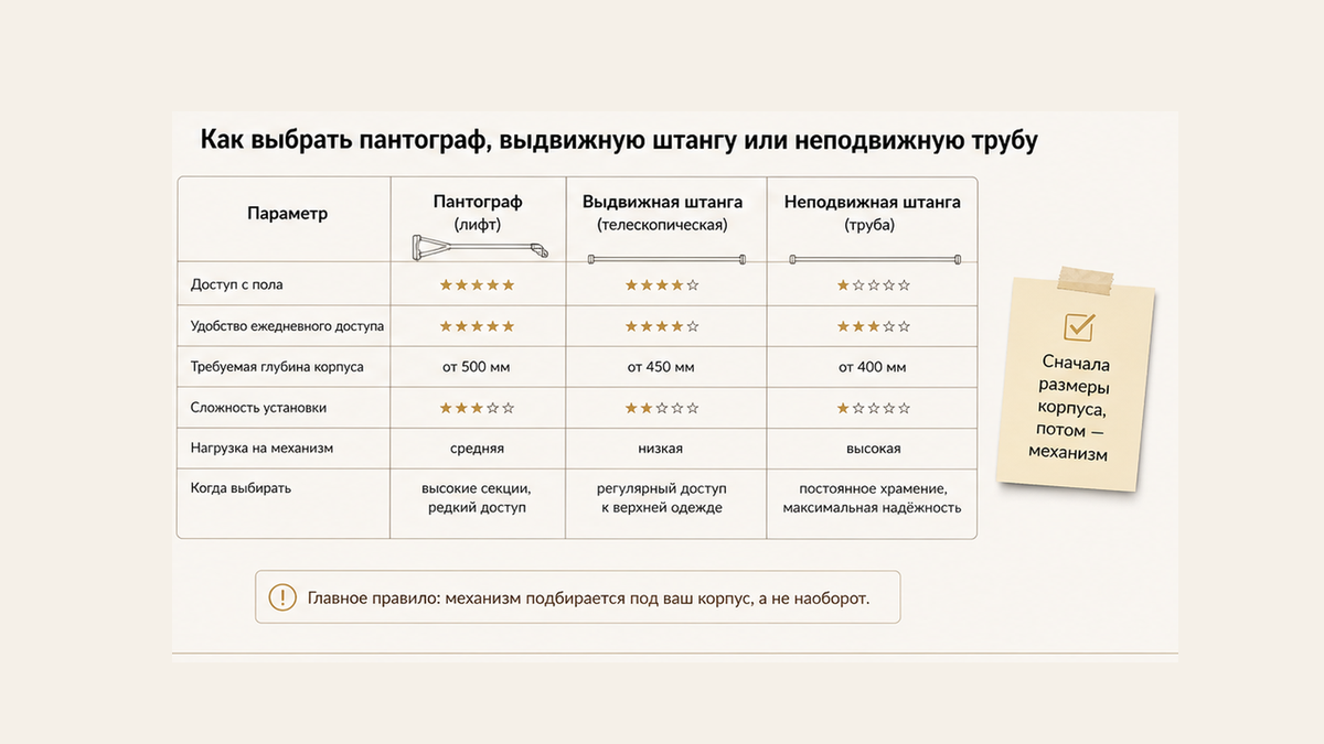 Чеклист без людей: пантограф-лифт, выдвижная штанга или неподвижная труба — обувь и глажку не разворачивать