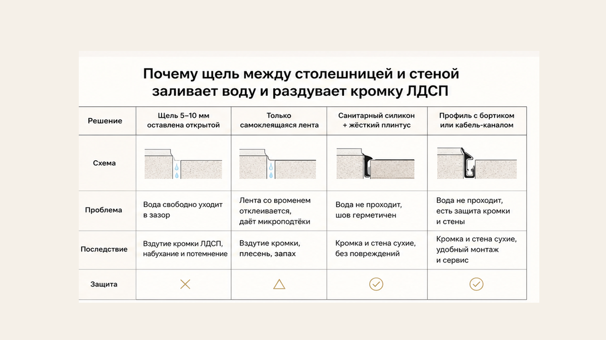 Сравнение: открытая щель 5–10 мм и силиконовая лента против жёсткого бордюра и санитарного силикона