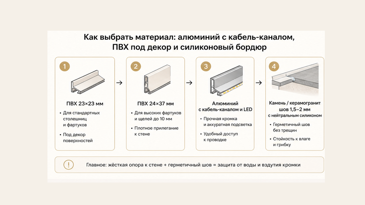 Схема выбора материала бордюра: ПВХ 23/37 мм, алюминий с каналом, камень со швом 1,5–2 мм