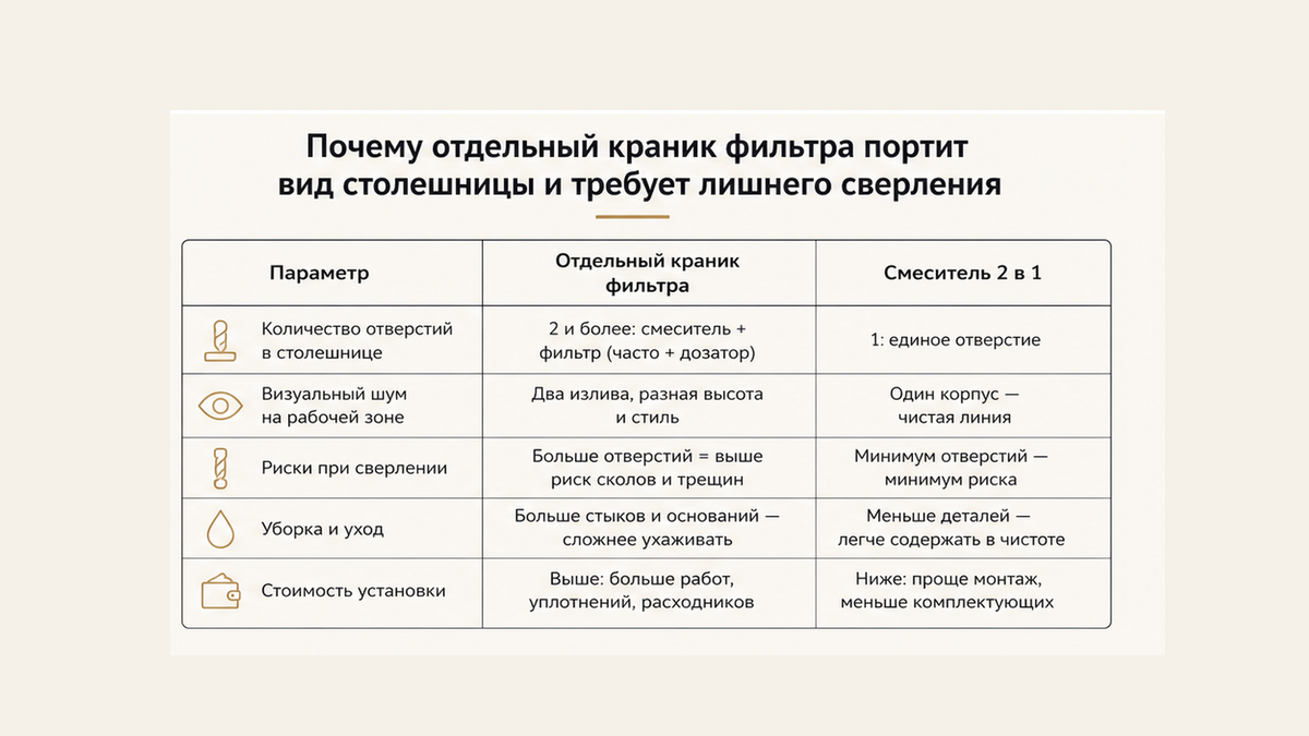 Сравнительная таблица / UI-мокап: Почему отдельный краник фильтра портит вид столешницы и требует лишнего сверления