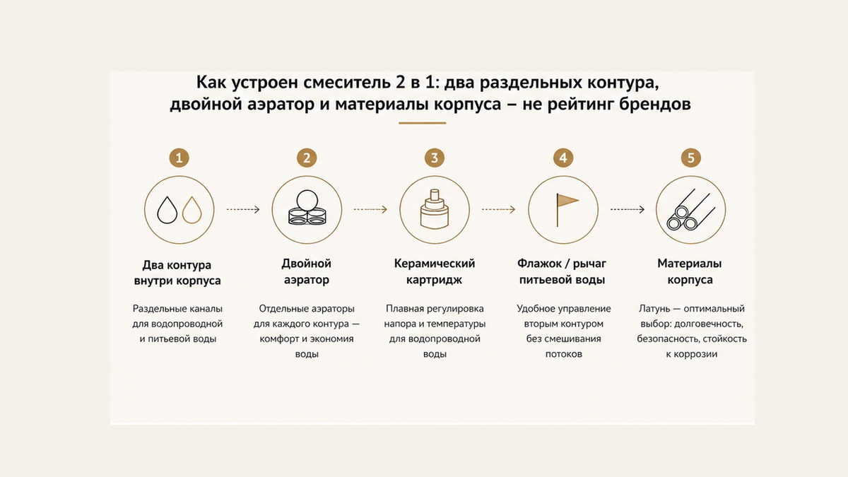 Схема workflow / шаги: Как устроен смеситель 2 в 1: два раздельных контура, двойной аэратор и материалы корпуса – не рейтинг брендов