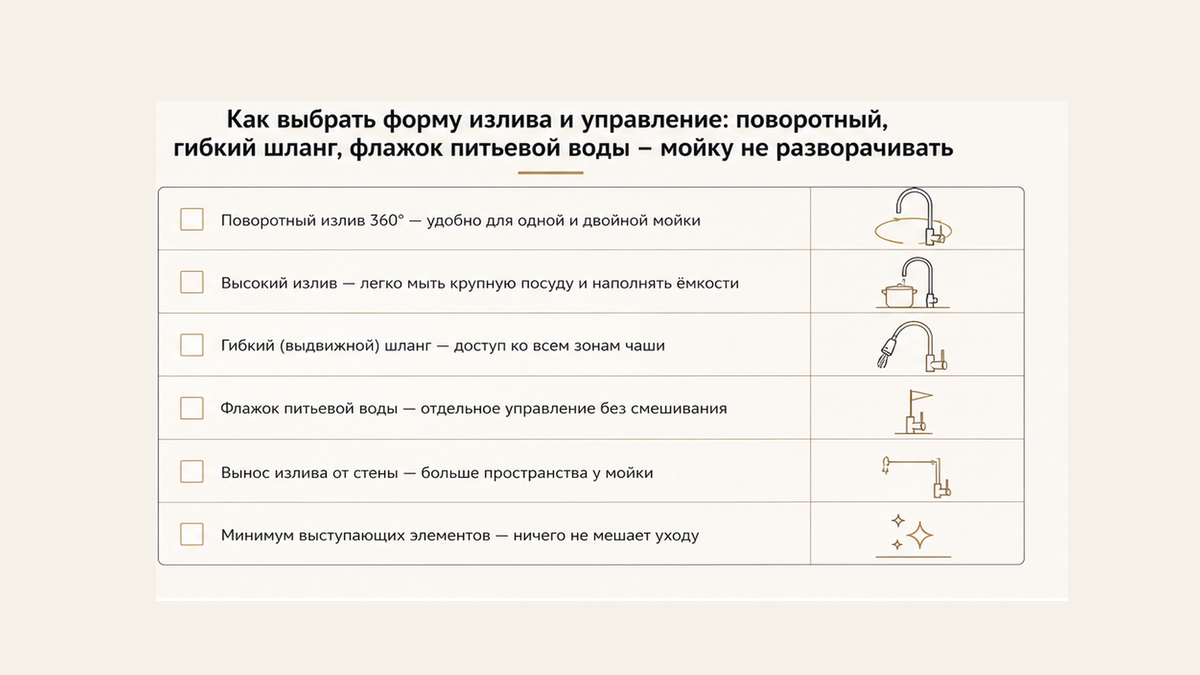 Чеклист / printable board: Как выбрать форму излива и управление: поворотный, гибкий шланг, флажок питьевой воды – мойку не разворачивать