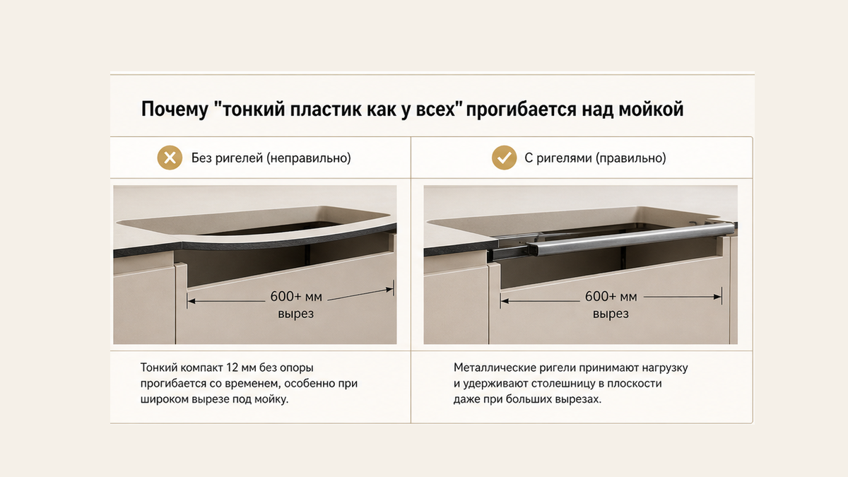 Сравнение: компакт 12 мм над базой 800 мм без ригелей прогибается против той же плиты с металлическими планками под вырезом мойки