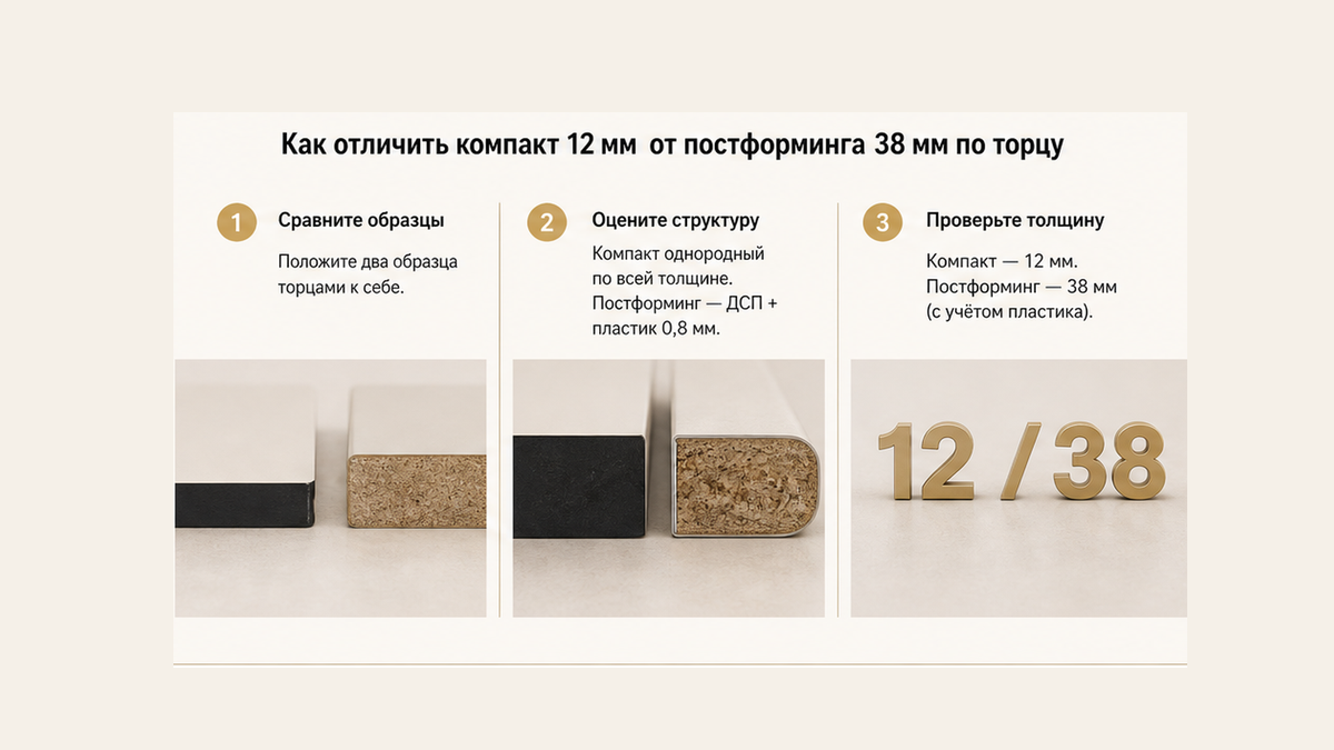 Шаги по торцу: образец в руки, монолит 12 мм без ДСП против постформинга 38 мм со стружкой, фраза в 3D