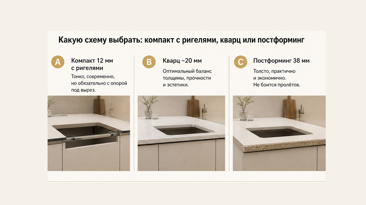 Три фото-схемы: A компакт 12 мм с ригелями, B кварц около 20 мм, C постформинг 38 мм
