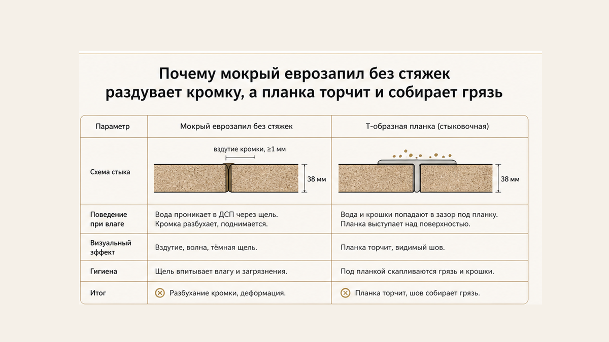 Сравнение: мокрый еврозапил двух полотен без стяжек против Т-планки, которая торчит и собирает грязь