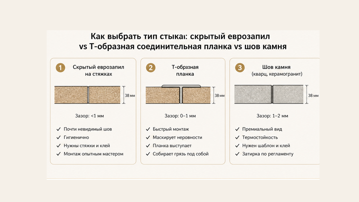 Схема выбора стыка двух полотен: скрытый еврозапил, Т-образная планка или шов камня 1–2 мм