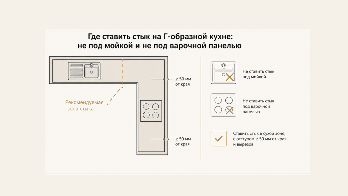 Чеклист раскроя Г-кухни: стык двух полотен не под мойкой и не под варочной панелью