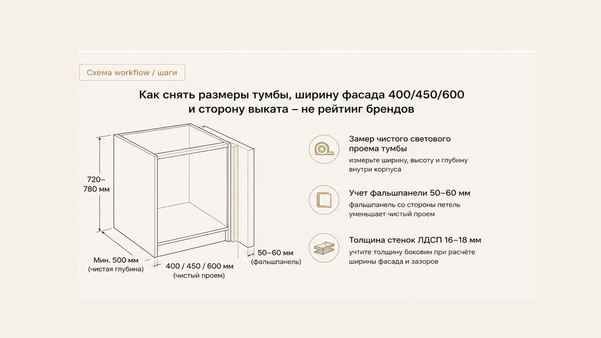 Замер чистого светового проема тумбы рулеткой с учетом фальшпанели
