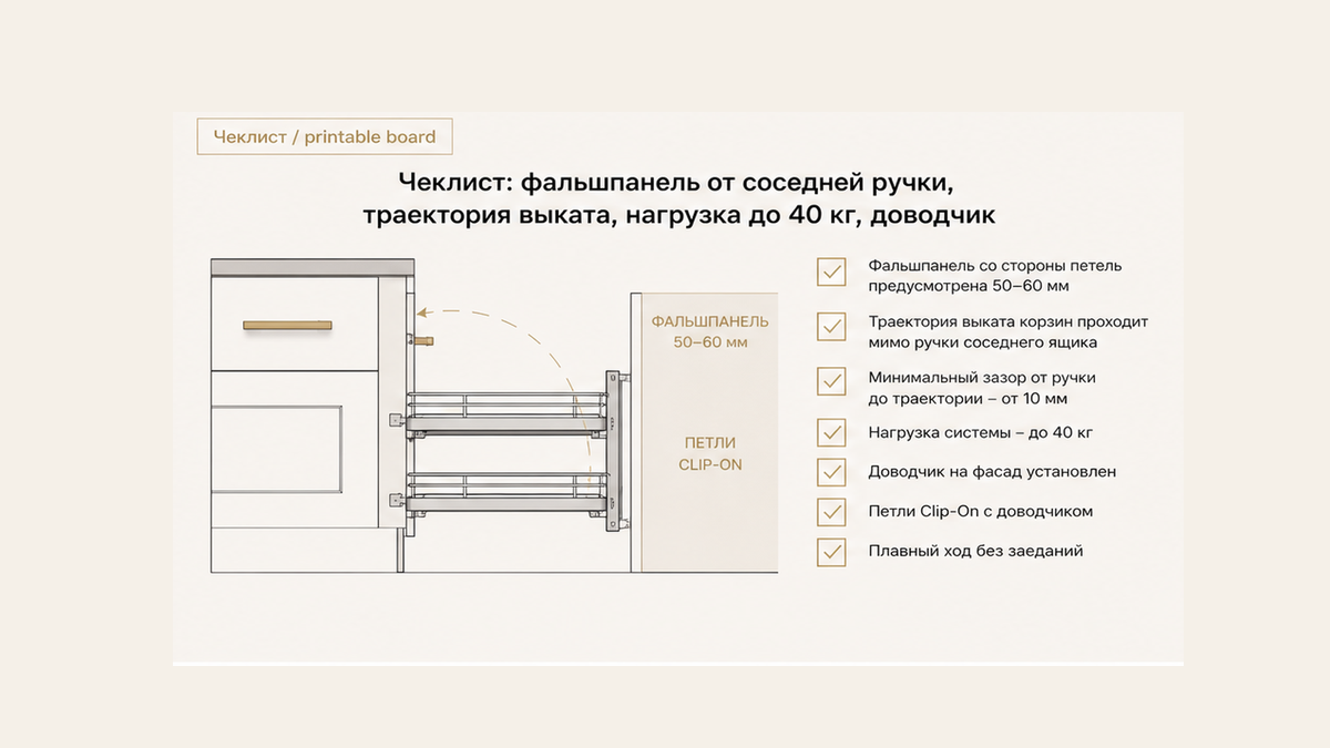 Траектория выката корзин волшебного уголка мимо накладной ручки соседнего ящика