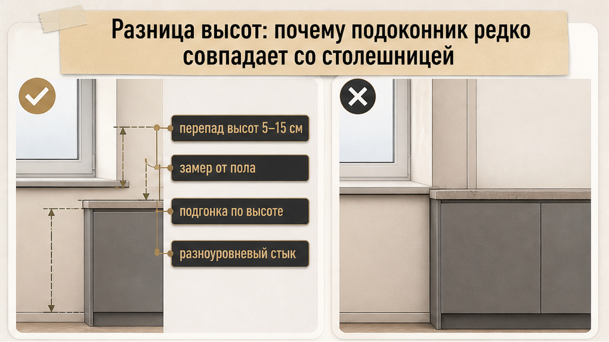Схема перепада высот подоконника и кухонной столешницы