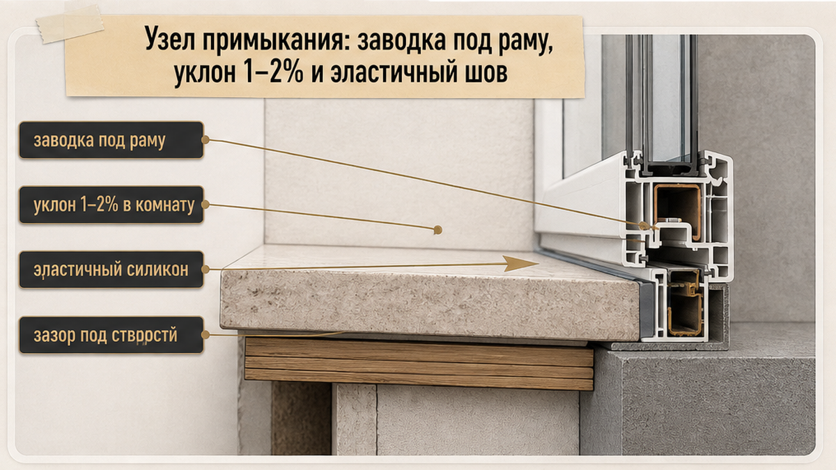 Схема узла примыкания: заводка под раму, уклон 1–2% и эластичный шов