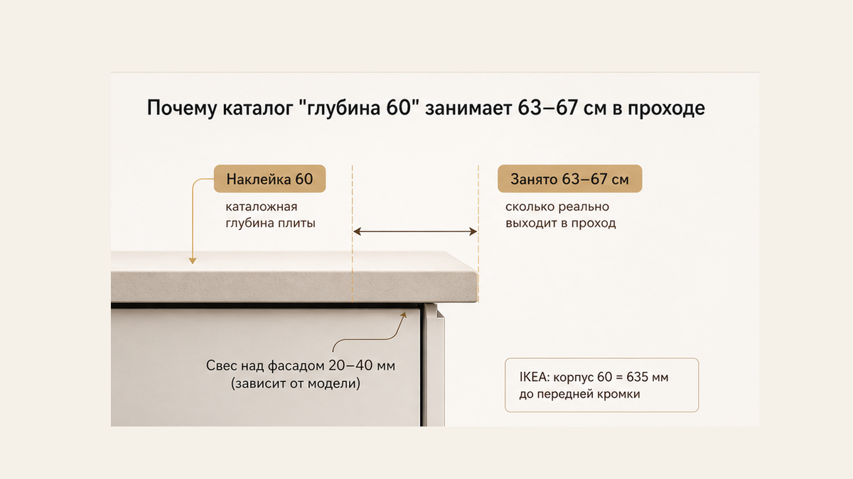 Сравнение фото-пропом: наклейка «60» на плите против занятых 63–67 см или 635 мм в проходе