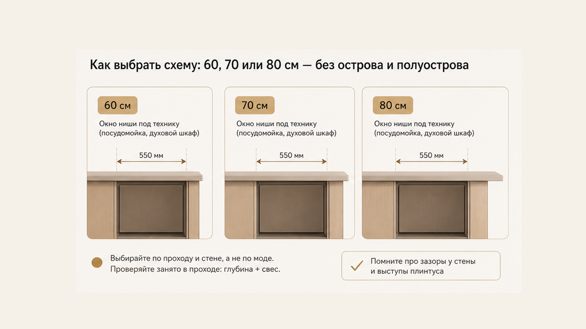Три фото-схемы плиты 60, 70 и 80 см без острова: ниша прибора 550 мм, проход после занятой глубины