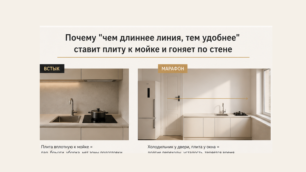 Сравнение фото-пропом: плита встык к мойке против точек, растянутых от двери до окна