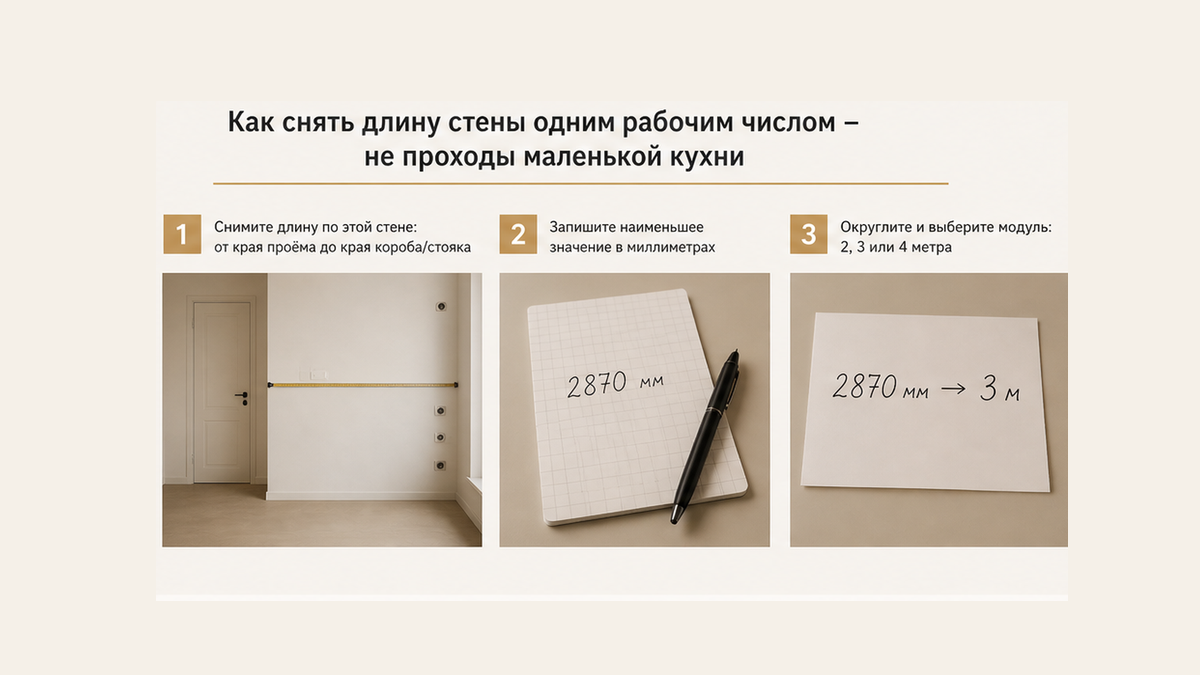 Шаги: замерить стену у преград, записать меньшее число в мм, округлить к схеме 2, 3 или 4 метра